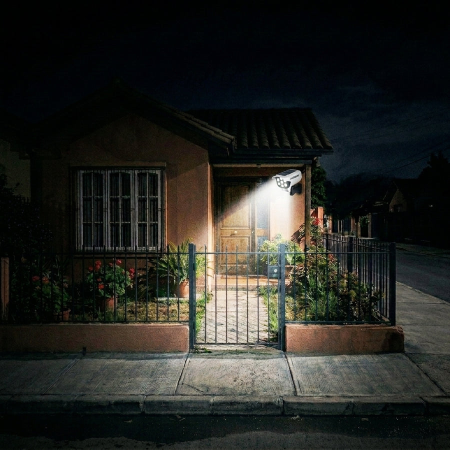 La misma entrada iluminada por el foco solar