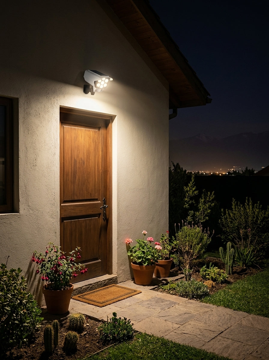 Foco solar encendido en la entrada de una casa